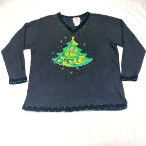 QUACKER FACTORY WOMEN VTG BLACK BEADED SEQUIN HOLIDAY CHRISTMAS TREE SWEATER 1X